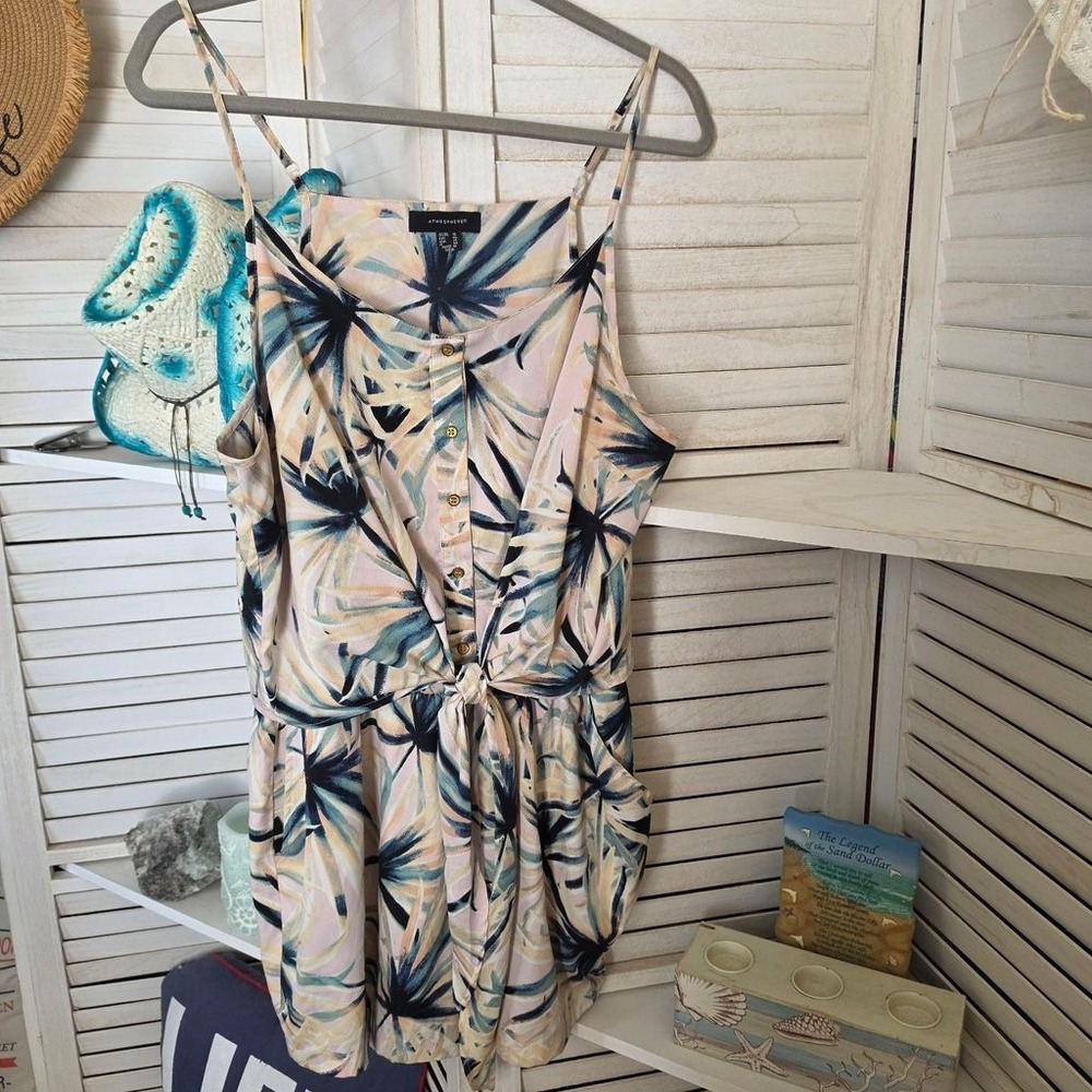 Atmosphere Tropical Palm Print Romper Size 14 Blue Beige Tie Waist Pockets